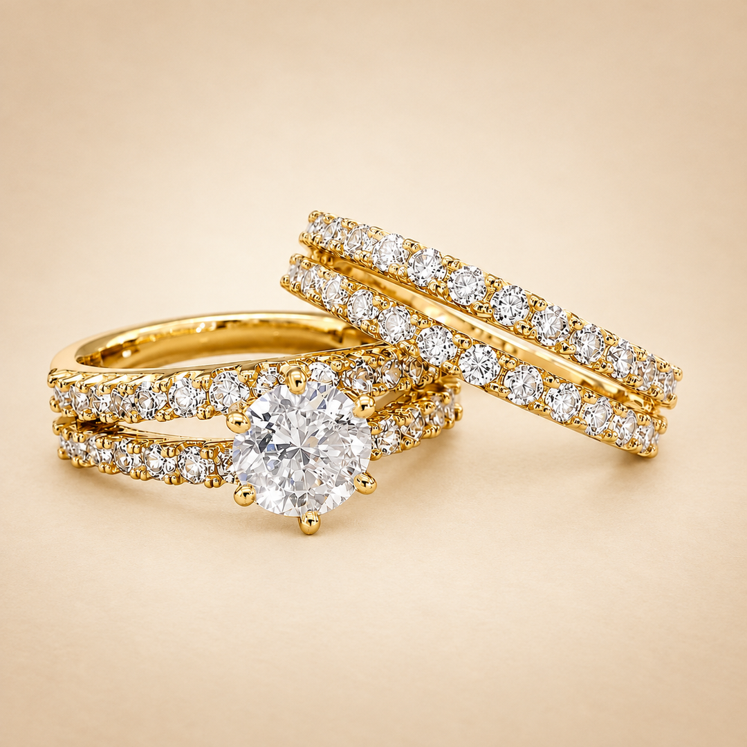 Femme 3 Pièces Or Parure Bagues Mariage Solitaire